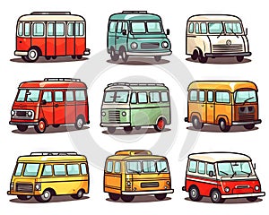 set of cartoon vintage retro cars isolated on white trucks buses.