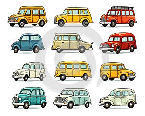 set of cartoon vintage retro cars isolated on white trucks buses.