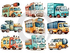 Set of cartoon vintage retro cars, isolated on white. Trucks, buses, trailers. Digital illustration