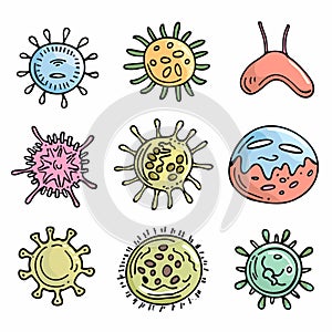 Set cartoon virus bacteria characters colorful, depicting various shapes expressions. Collection