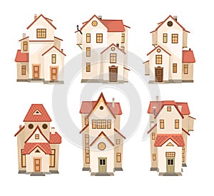 A set of cartoon white houses with a red roof. A beautiful, cozy country house in a traditional European style