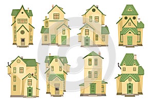 Set of cartoon yellow houses. A beautiful, cozy country house in a traditional European style. Collection of Cute funny