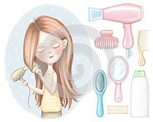 Set of girl dries red hair, shampoo, combs, hair dryer, curlers and hairpin photo