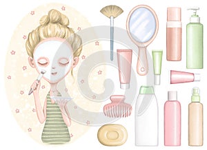 Set of girl with mask on face and different bottles for body care cosmetics