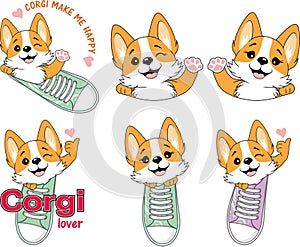 Set of cartoonish welcoming portraits of a welsh corgi