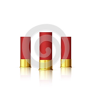 Set of cartridge for shotgun. Red realistic cartridge with reflection isolated on white. Vector