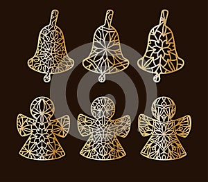 A set of carved openwork angels and bells for decoration, paper cutting or on a plotter