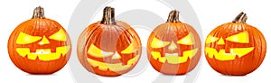 Set of carved pumpkins for Halloween jack o lanterns with scary smiles