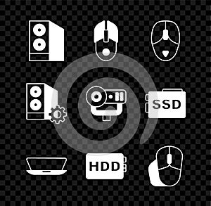 Set Case of computer, Computer mouse, Laptop, Hard disk drive HDD, and Web camera icon. Vector