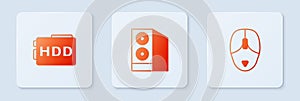 Set Case of computer, Hard disk drive HDD and Computer mouse. White square button. Vector
