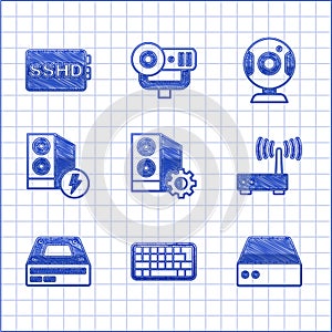 Set Case of computer, Keyboard, Server, Data, Web Hosting, Router and wi-fi signal, Optical disc drive, camera and SSHD