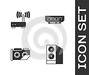 Set Case of computer, Router and wi-fi signal, Video graphic card and RAM, random access memory icon. Vector