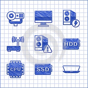 Set Case of computer, SSD card, Laptop, Hard disk drive HDD, Processor with CPU, Router and wi-fi signal, and Web camera