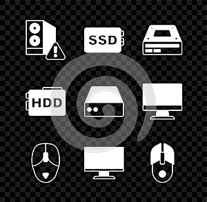 Set Case of computer, SSD card, Optical disc drive, Computer mouse, monitor screen, Hard disk HDD and Server, Data, Web