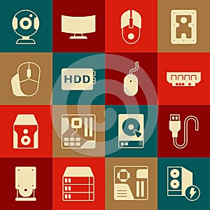 Set Case of computer, USB cable cord, RAM, random access memory, Computer mouse, Hard disk drive HDD, Web camera and