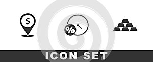 Set Cash location, Clock and percent and Gold bars icon. Vector