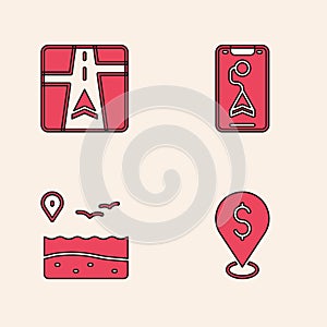 Set Cash location, Gps device with map, City navigation and Location beach icon. Vector