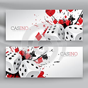 Set of casino banners with dices and abstract ink splash