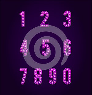 Set of Casino or Broadway Signs style. Light bulb font. Number Characters
