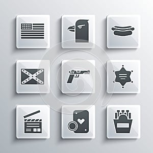 Set Casino chip and playing cards, Potatoes french fries box, Hexagram sheriff, Pistol or gun, Movie clapper, Flag