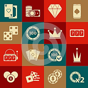 Set Casino chips, Crown, Slot machine with lucky sevens jackpot, Diamond, Game dice, Playing card heart and icon. Vector