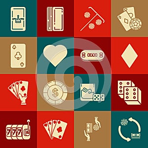 Set Casino chips exchange on stacks of dollars, Game dice, Playing card with diamonds symbol, Stick for, heart, clubs