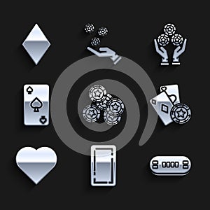 Set Casino chips, Playing card back, Poker table, and playing cards, with heart symbol, spades, Hand holding casino and