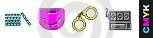 Set Casino chips, Poker table, Handcuffs and Slot machine icon. Vector
