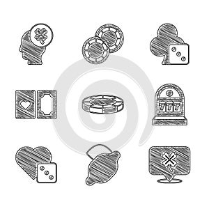Set Casino chips, slot machine with lemon, clover, Slot jackpot, Game dice, Deck of playing cards, and icon. Vector