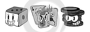 A set of casino games,cards, dice and chips vintage toons: funny character, vector illustration trendy classic retro
