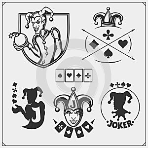 Set of casino and poker emblems and labels with Joker and playing cards.