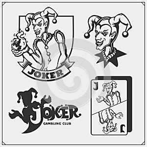 Set of casino and poker emblems and labels with Joker and playing cards.