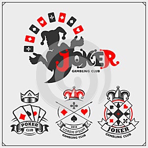 Set of casino and poker emblems and labels with Joker and playing cards.