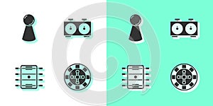 Set Casino roulette wheel, Chip for board game, Hockey table and Time chess clock icon. Vector