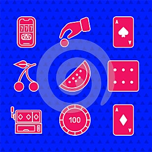 Set Casino slot machine with watermelon, chips, Playing card diamonds, Game dice, Slot, cherry, spades and poker