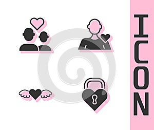 Set Castle in the shape of heart, Lover couple, Heart with wings and Romantic man icon. Vector