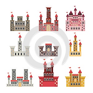 Set of castles of fairy tales in white background