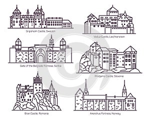Set of castles in thin line. Europea buildings photo