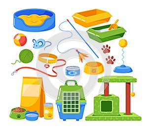 Set of Cat Accessories Couch, Food in Bowl and Package, Toys, Cage and Scratching Post. Leash with Collar, Paw Prints