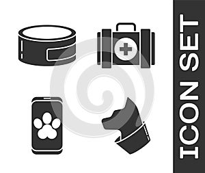 Set Cat, Canned food, Online veterinary clinic symbol and Pet first aid kit icon. Vector