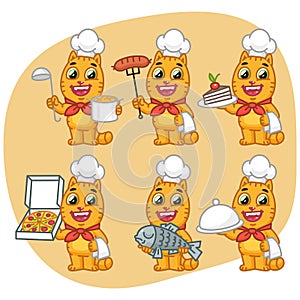 Set Cat Character Chef Holding Various Objects