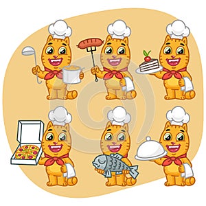 Set Cat Character Chef Holding Various Objects