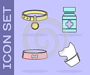 Set Cat, Collar with name tag, Pet food bowl and Dog medicine bottle and pills icon. Vector