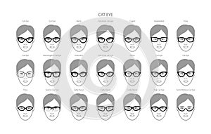 Set of Cat Eye glasses frame glasses on women face character fashion accessory illustration. Sunglass front view unisex