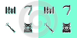 Set Cat, Garden fence wooden, Magic wand and Scythe icon. Vector