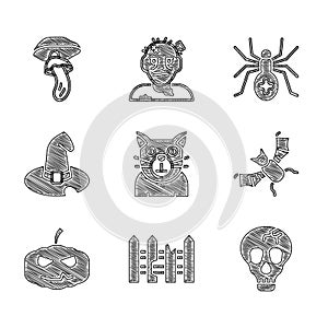 Set Cat, Garden fence wooden, Skull, Flying bat, Pumpkin, Witch hat, Spider and Psilocybin mushroom icon. Vector