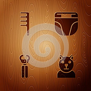 Set Cat, Hair brush for dog and cat, Pet nail clippers and Diaper on wooden background. Vector