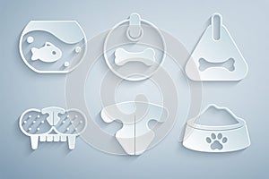 Set Cat nose, Dog collar, tooth, Pet food bowl, and Aquarium with fish icon. Vector