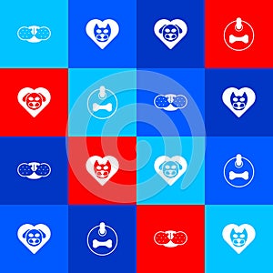 Set Cat nose, Heart with cat, dog and Dog collar icon. Vector