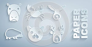 Set Cat, Rabbit head, Hedgehog, Deer with antlers, Crab and Hippo or Hippopotamus icon. Vector